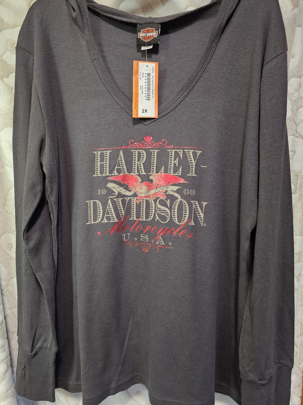 Harley-Davidson Women's Long Sleeve V-Neck Shirt - Charcoal with Red Graphic